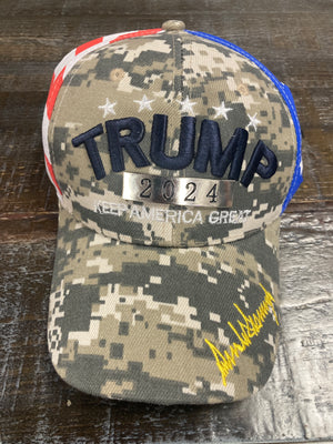 Camo/American Flag "Trump 2024 Keep America Great" Hat w/ Signature
